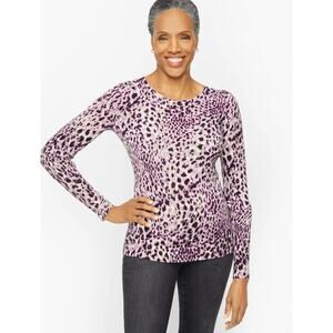 [Talbots] Purple Merino Wool Puff Sleeve Leopard Print Crew Neck Sweater Small S